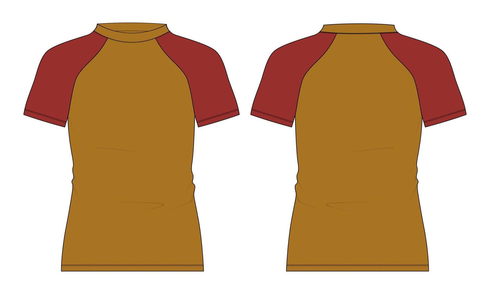 zweifarbiges gelbes und rotes kurzärmliges Raglan Slim Fit T-Shirt insgesamt technische flache Skizzenvektorillustrationsvorlage Vorder- und Rückansicht. vektor