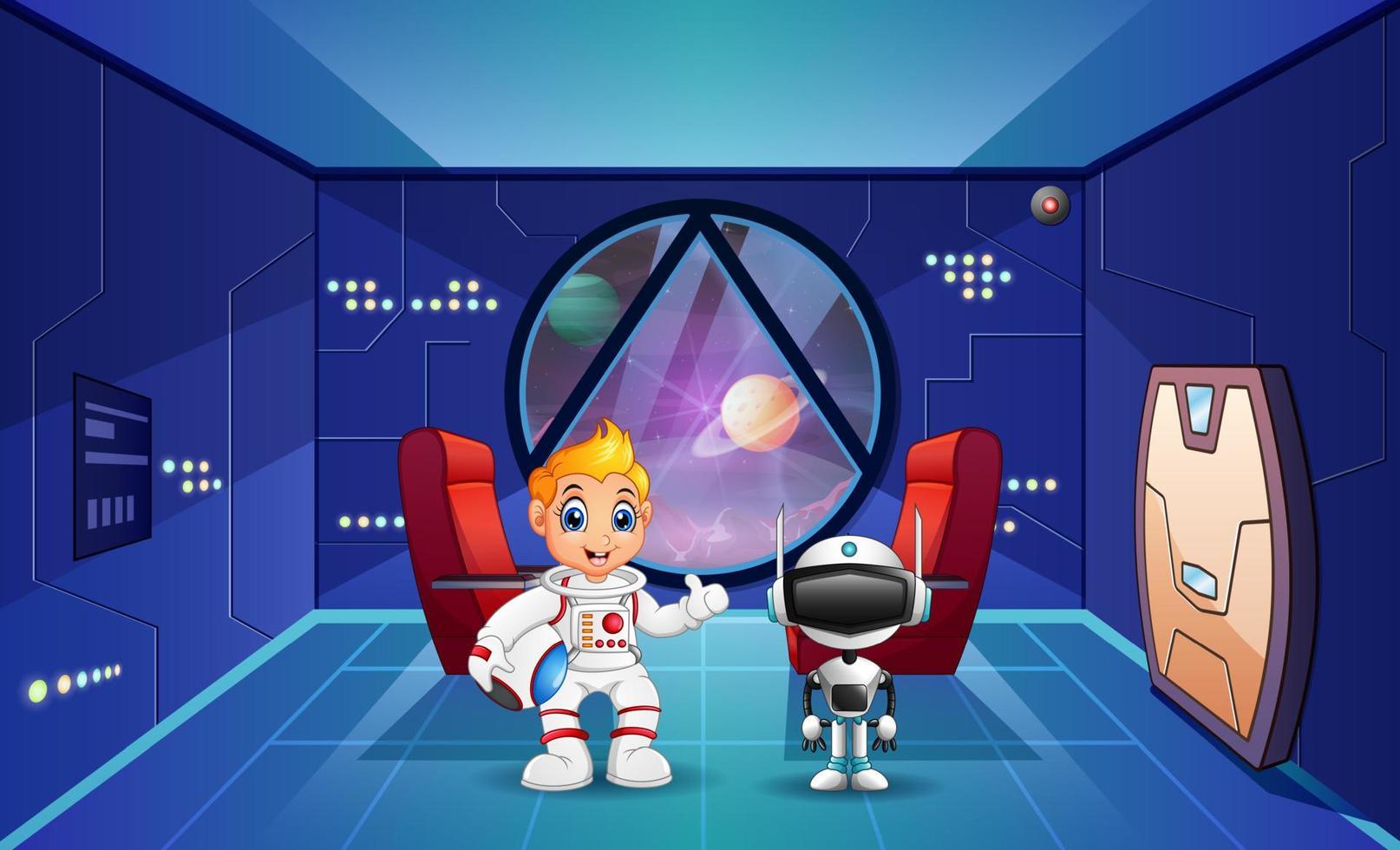 tecknad pojke bär astronaut kostym i rymdskepp vektor