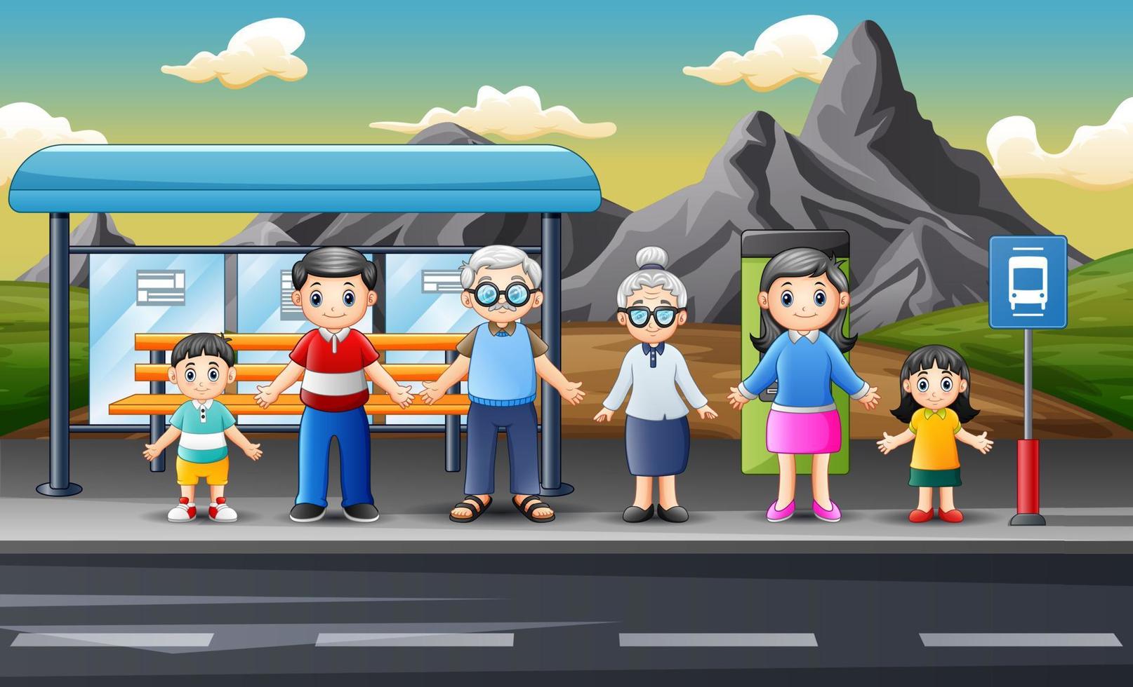 Cartoon-Familienmitglieder warten auf den Transport am Bahnhof vektor