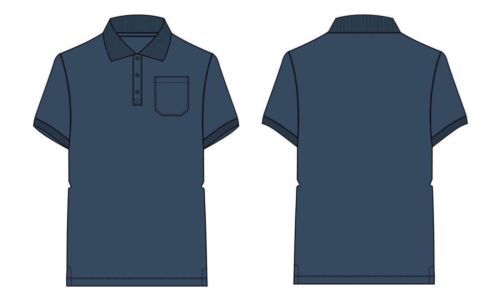 Kurzarm-Poloshirt, technische Mode, flache Skizze, Vektorgrafik, marineblaue Farbvorlage, Vorder- und Rückansicht. Bekleidungsdesign Mock-up. einfach zu bearbeiten und anpassbar vektor