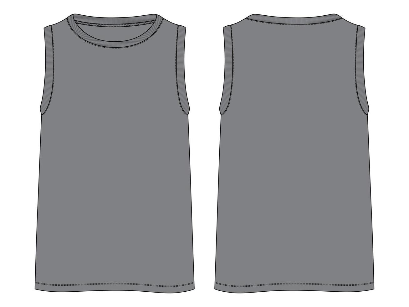 Tanktops technische Mode flache Skizze Vektor Illustration graue Farbvorlage Vorder- und Rückansichten. Bekleidungs-Tanktops für Männer und Jungen.