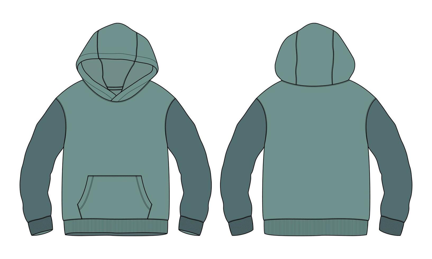 tvåfärgad grön färg långärmad hoodie teknisk mode platt skiss vektor illustration mall fram- och baksidan vyer isolerad på vit bakgrund.