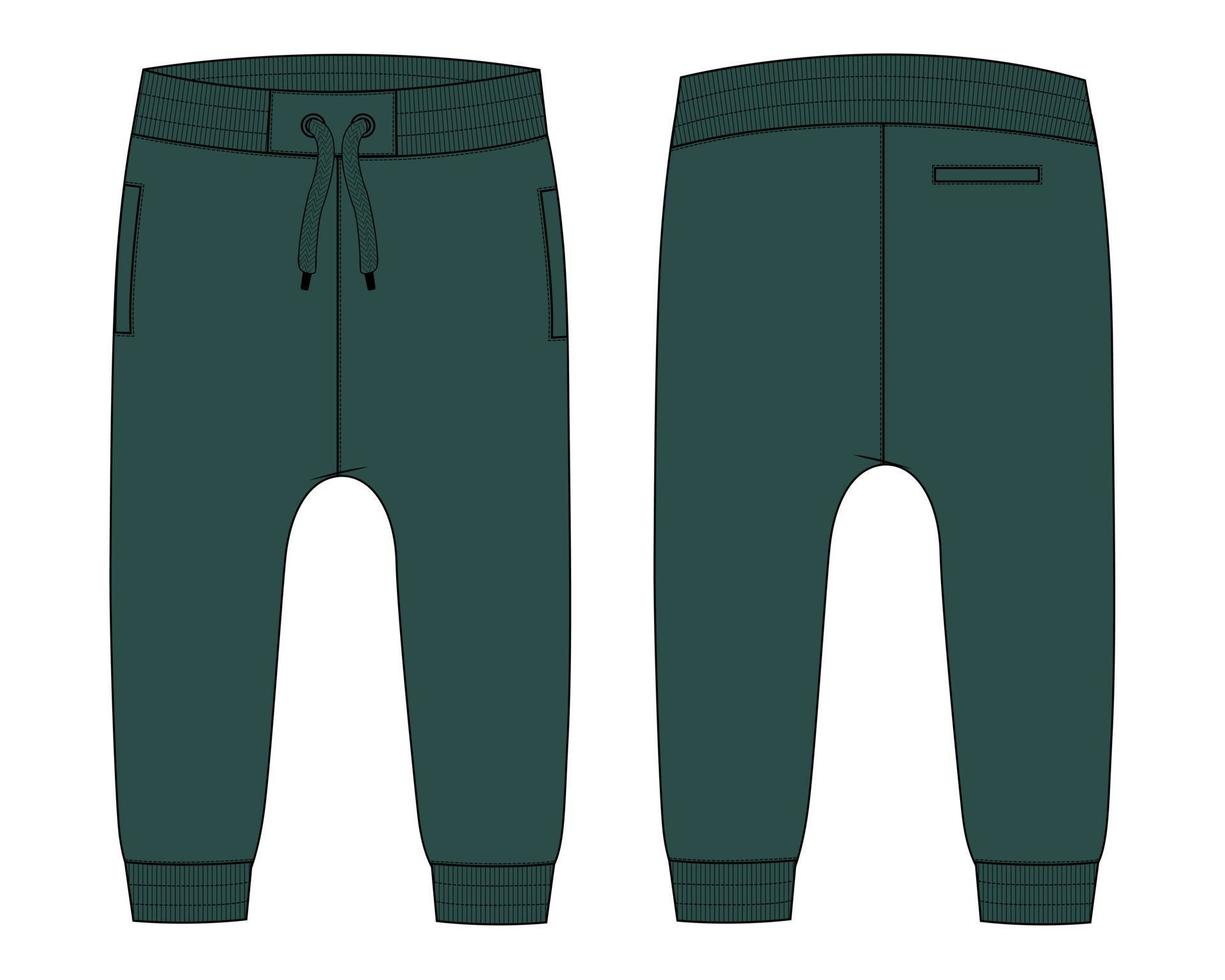 Fleece-Baumwolljersey grundlegende Schwitzhose technische Mode flache Skizze tiefgrüne Farbvorlage Vorder- und Rückansicht. Bekleidung Jogger Hose Vektor-Illustration Mock-up für Kinder und Jungen. vektor