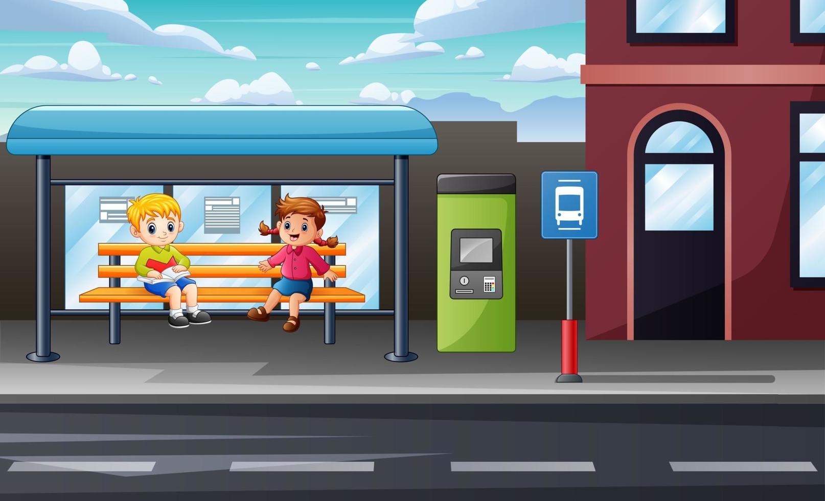 glada små barn som sitter vid busshållplatsen vektor