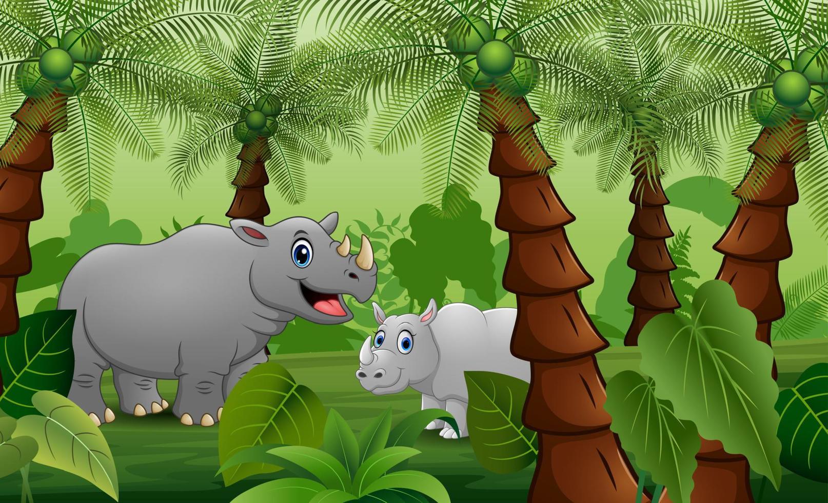 en noshörningsmamma med ungar som leker i palmdjungeln vektor