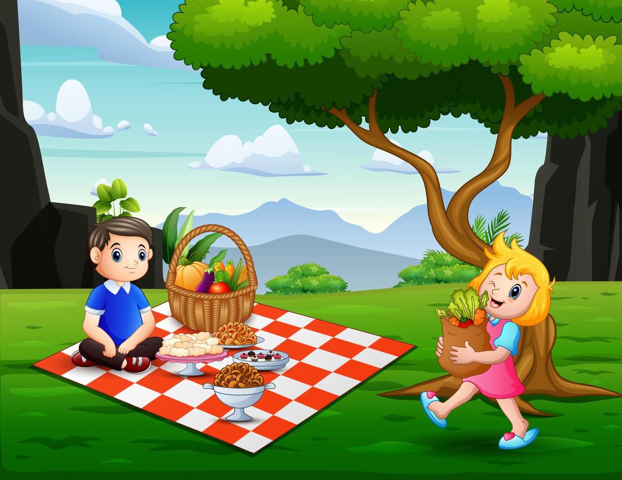 Illustration von Kindern, die im Park picknicken vektor