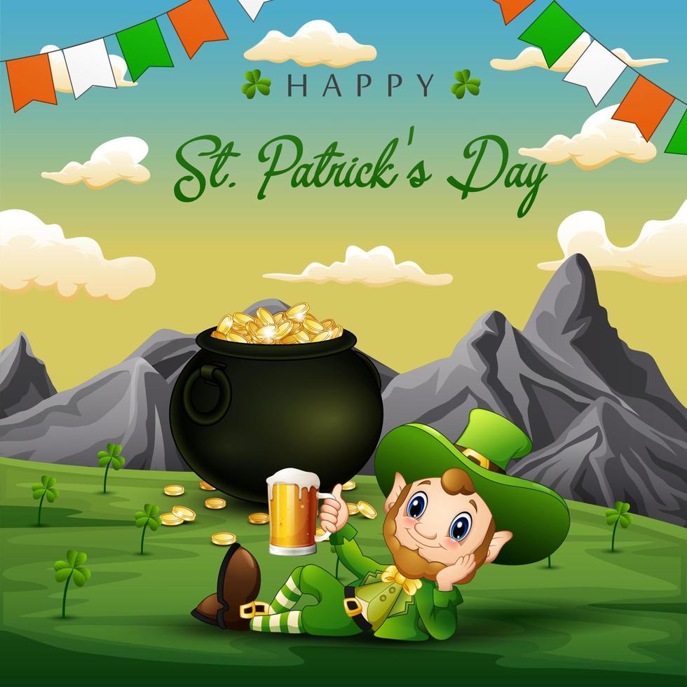 Happy St. Patrick's Day Hintergrundschild mit einem Kobold, der ein Glas Bier hält vektor