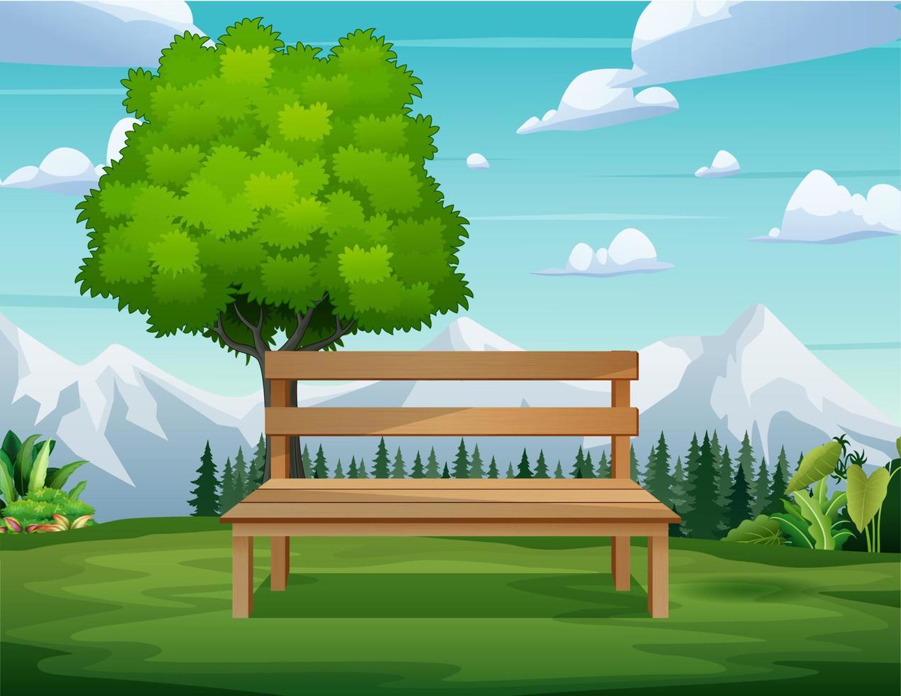 Hintergrundszene mit einer Holzbank und einem Baum mitten in der Natur vektor