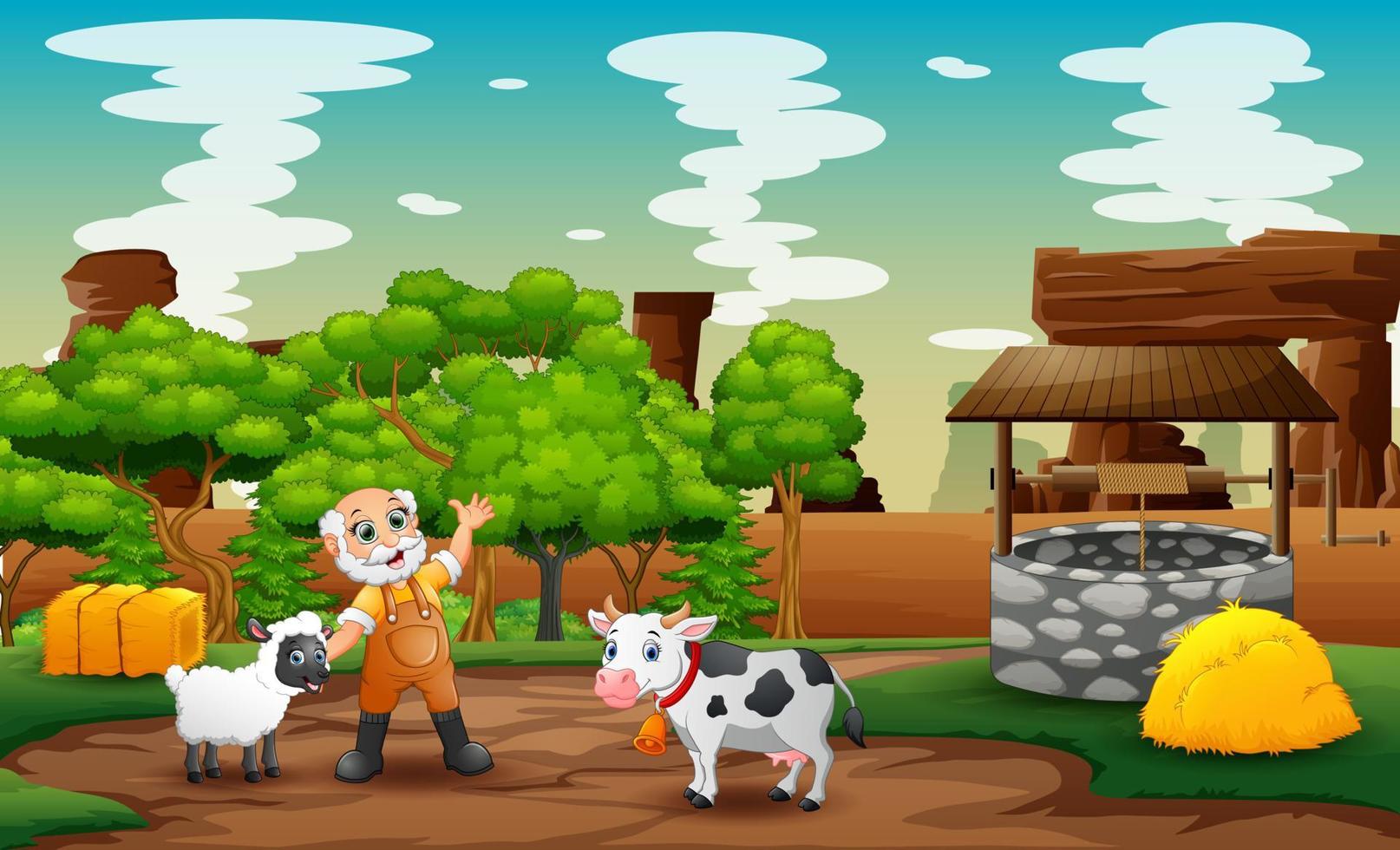 glücklicher alter Bauer mit Tieren auf dem Bauernhof vektor