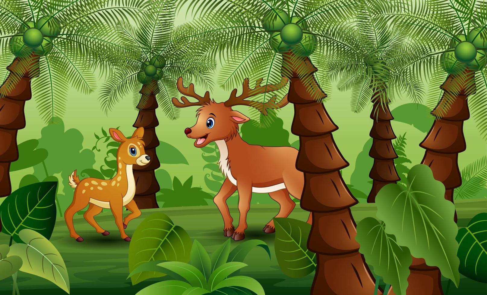 eine Hirschmutter mit Jungen, die im Palmendschungel spielen vektor