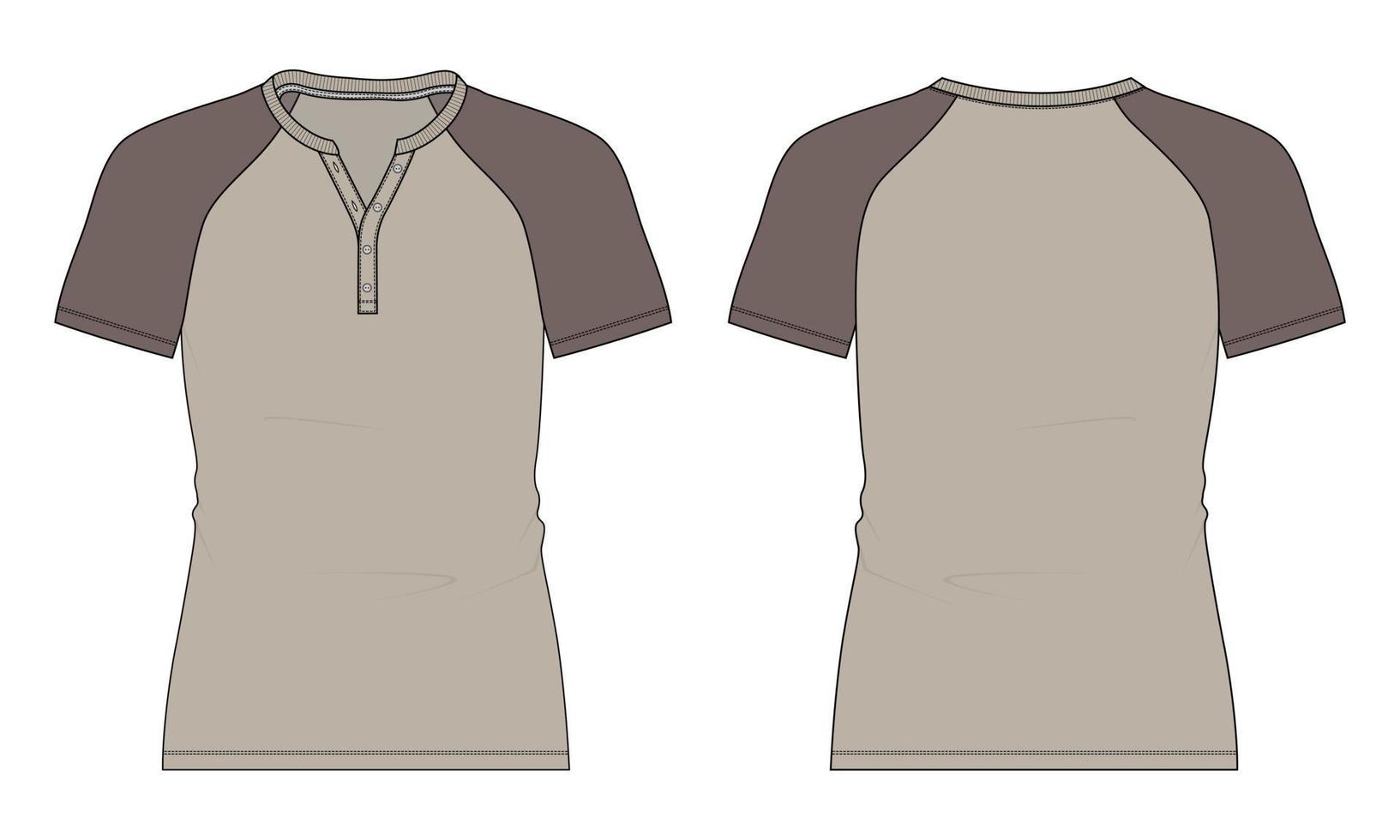 tvåfärgad khaki färg kortärmad t-shirt övergripande teknisk mode platt skiss vektor illustration mall fram- och bakvyer. kläddesign mock up cad.