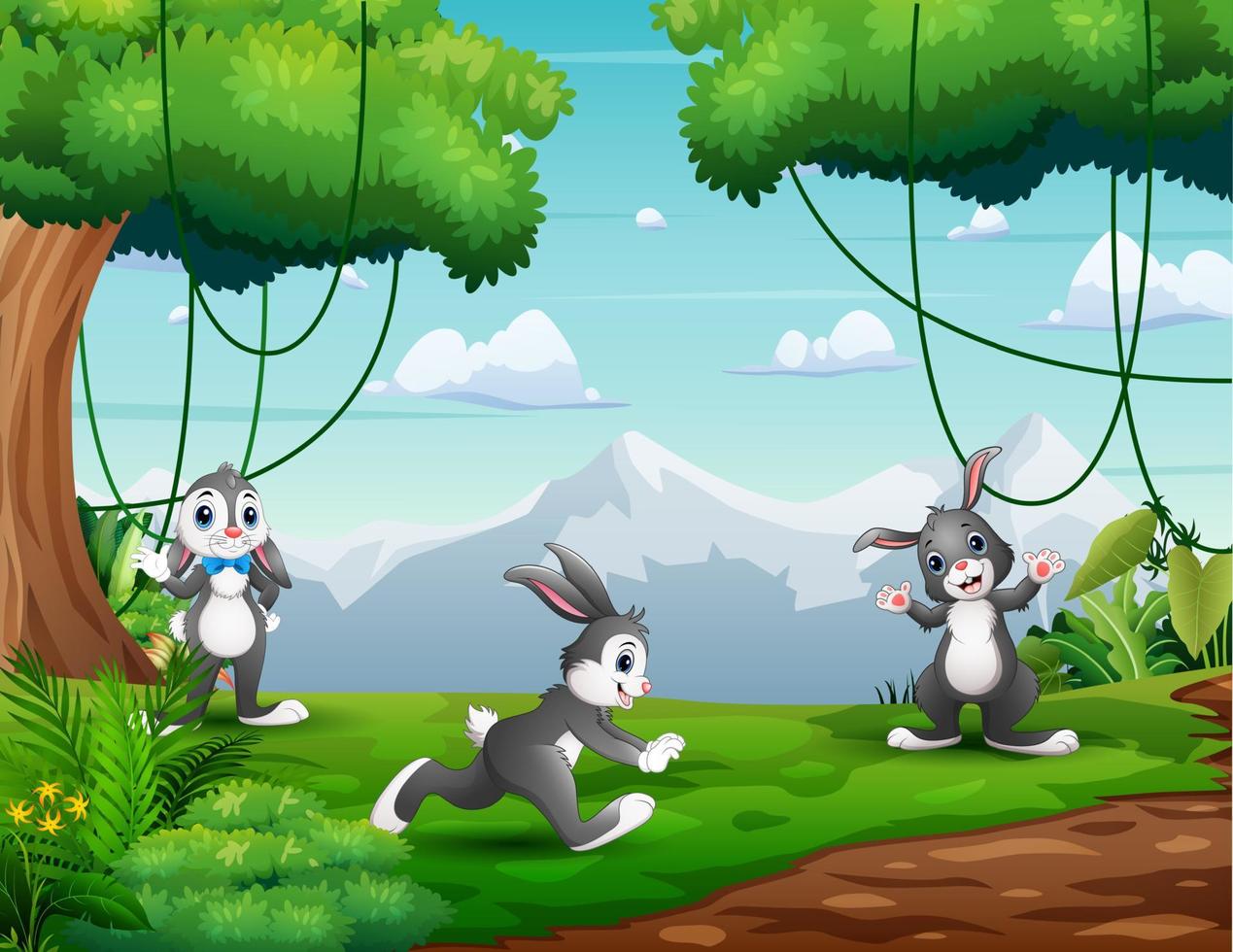 söta tre kaniner som leker i naturlandskap vektor