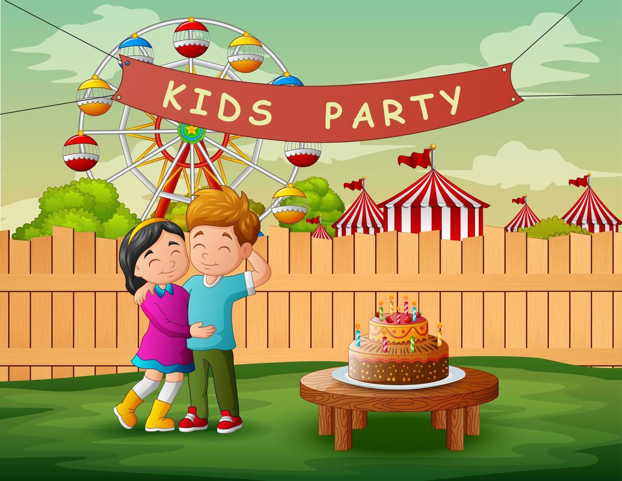 tecknat ungt par firar en fest på gården vektor