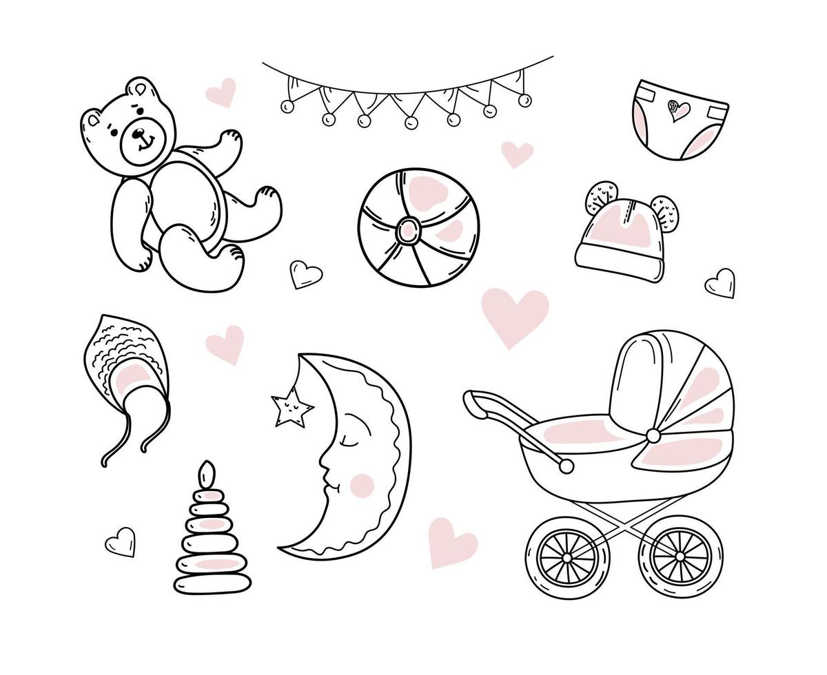 Satz von handgezeichneten Babymädchen. Cartoon-Skizze-Stil-Doodle für Symbol, Banner. Elemente kleine Babykleidung. vektor