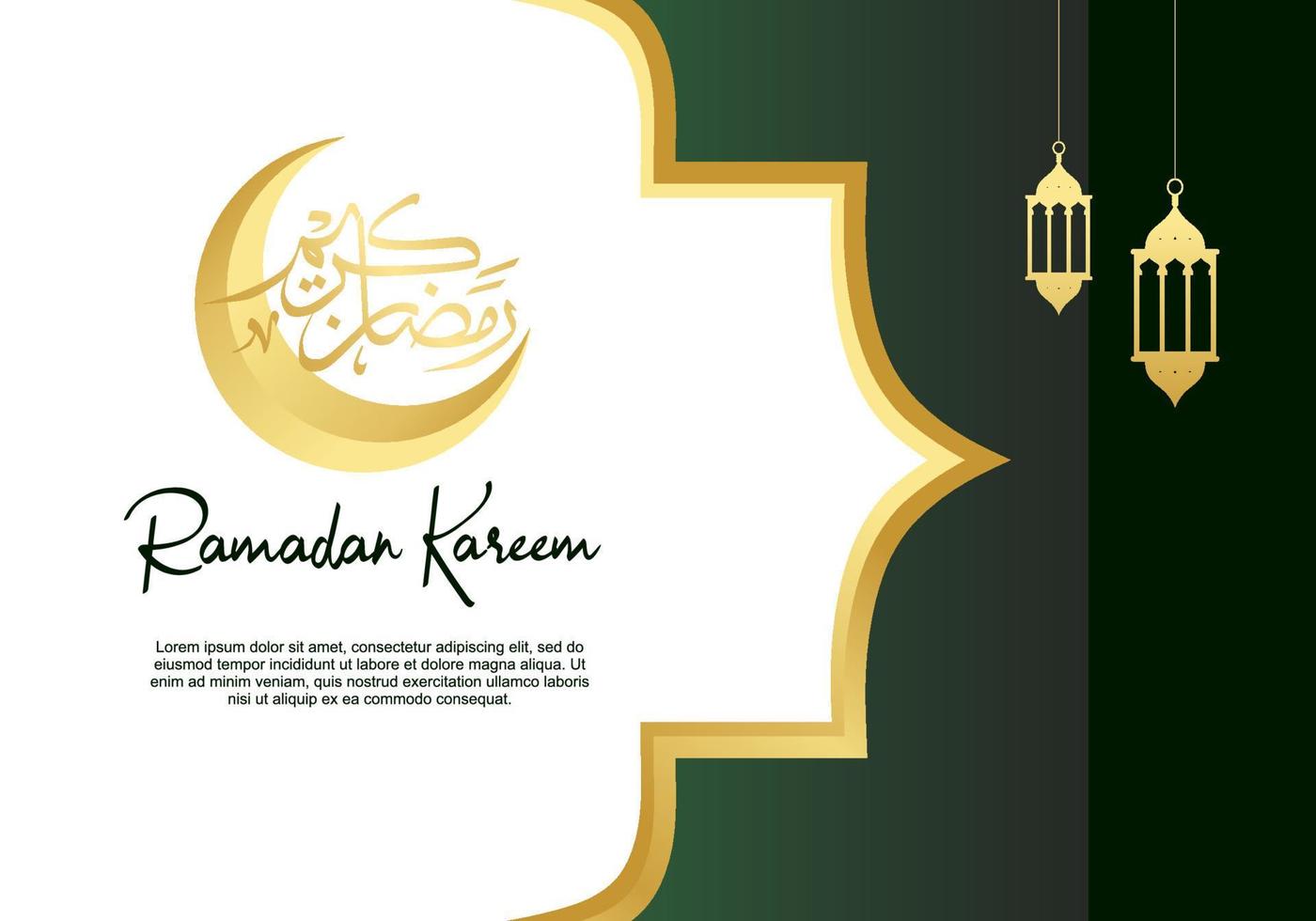 ramadan kareem gratulationskort med islamisk kalligrafi, måne, lyktor vektor