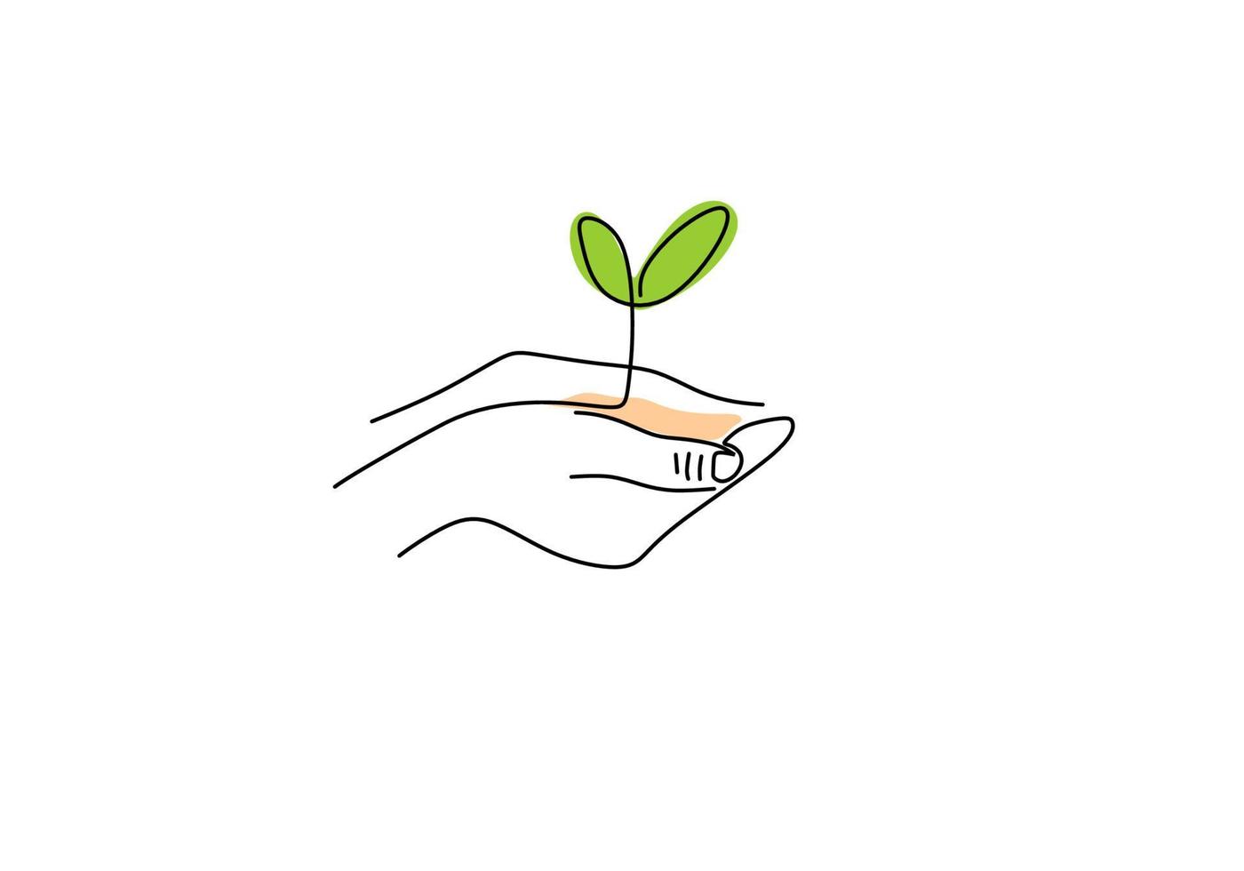Eine durchgehende Linie von Hand bringt Pflanzensamen zum grünen Konzept vektor