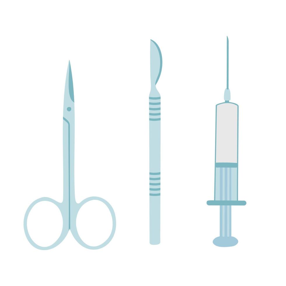 medicinsk verktygsuppsättning, kirurgisk utrustning, skalpell, sax och spruta. illustration för utskrift, bakgrunder, omslag, förpackningar, affischer och klistermärken. isolerad på vit bakgrund. vektor