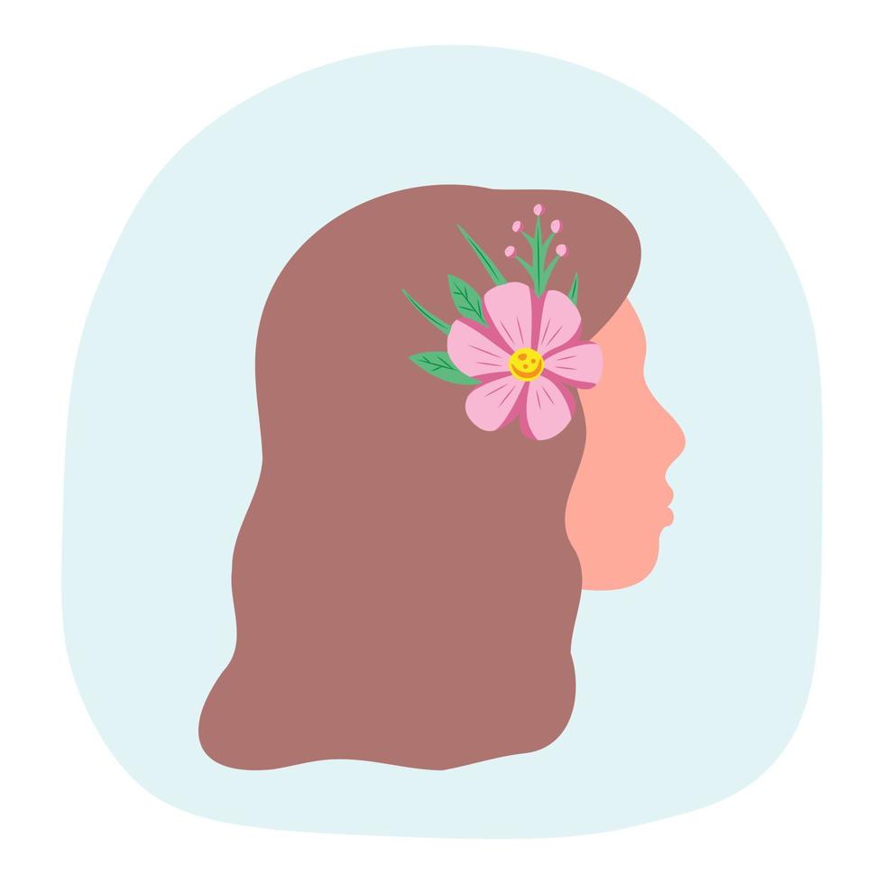 kvinna huvud med blomma i håret. illustration för tryck, bakgrunder, omslag, förpackningar, gratulationskort, affischer, klistermärken, textil och säsongsdesign. isolerad på vit bakgrund. vektor