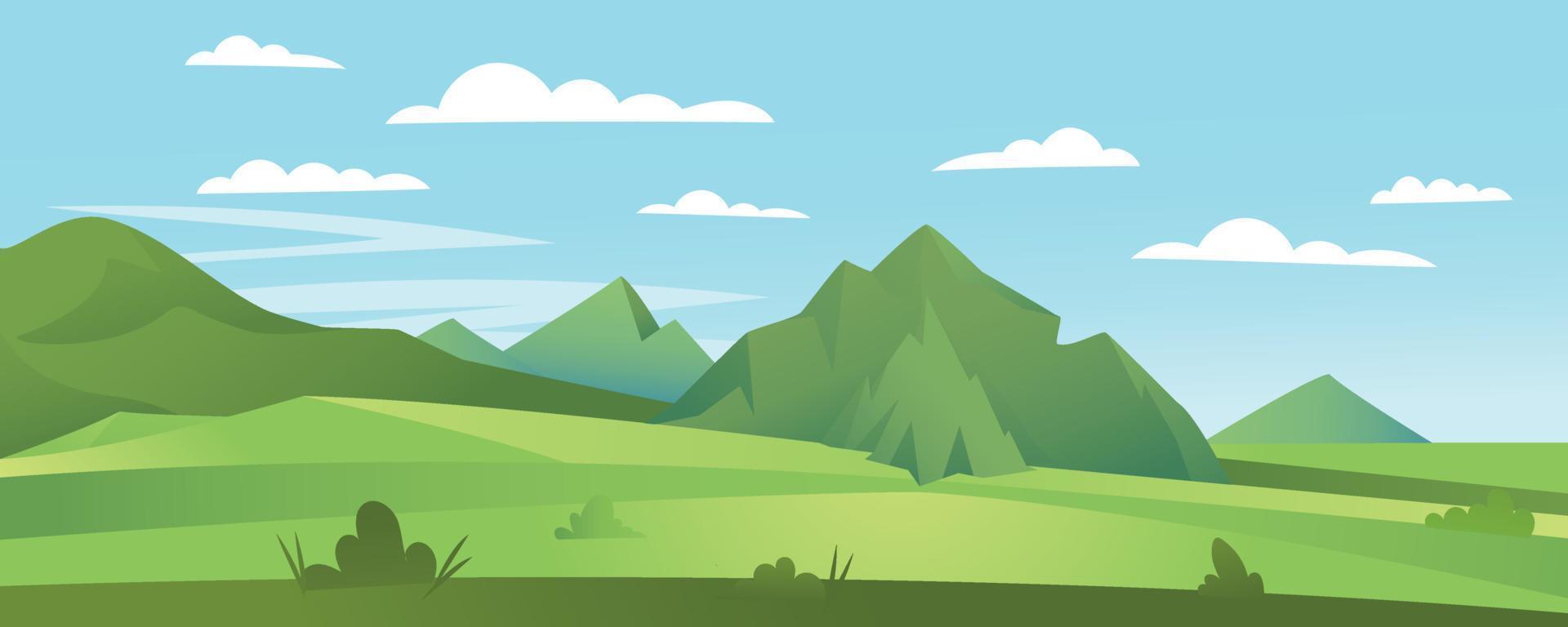 tecknad platt panorama av våren sommaren vacker natur, gröna gräsmarker äng med berg på horisonten bakgrund, sommar bergslandskap, gryning över dalen. vektor illustration