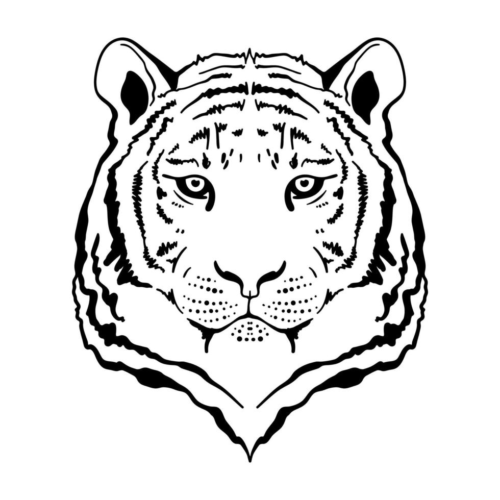 vektor hand dras i bläck tiger huvud. gott kinesiskt nytt år 2022 tigerns år. ansikte för tatueringslogotyper, emblem, märken, malletiketter och vintage designelement för t-shirts. isolerad på vitt.
