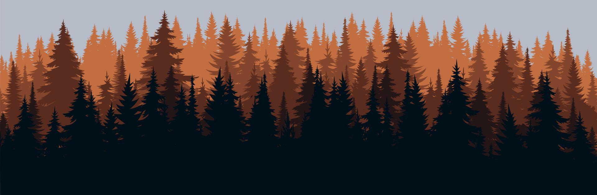 Vektor Berge Wald Hintergrundtextur, Silhouette von Nadelwald, Vektor. Herbstsaison orange, gelbe Bäume, Fichte, Tanne. horizontale Landschaft.