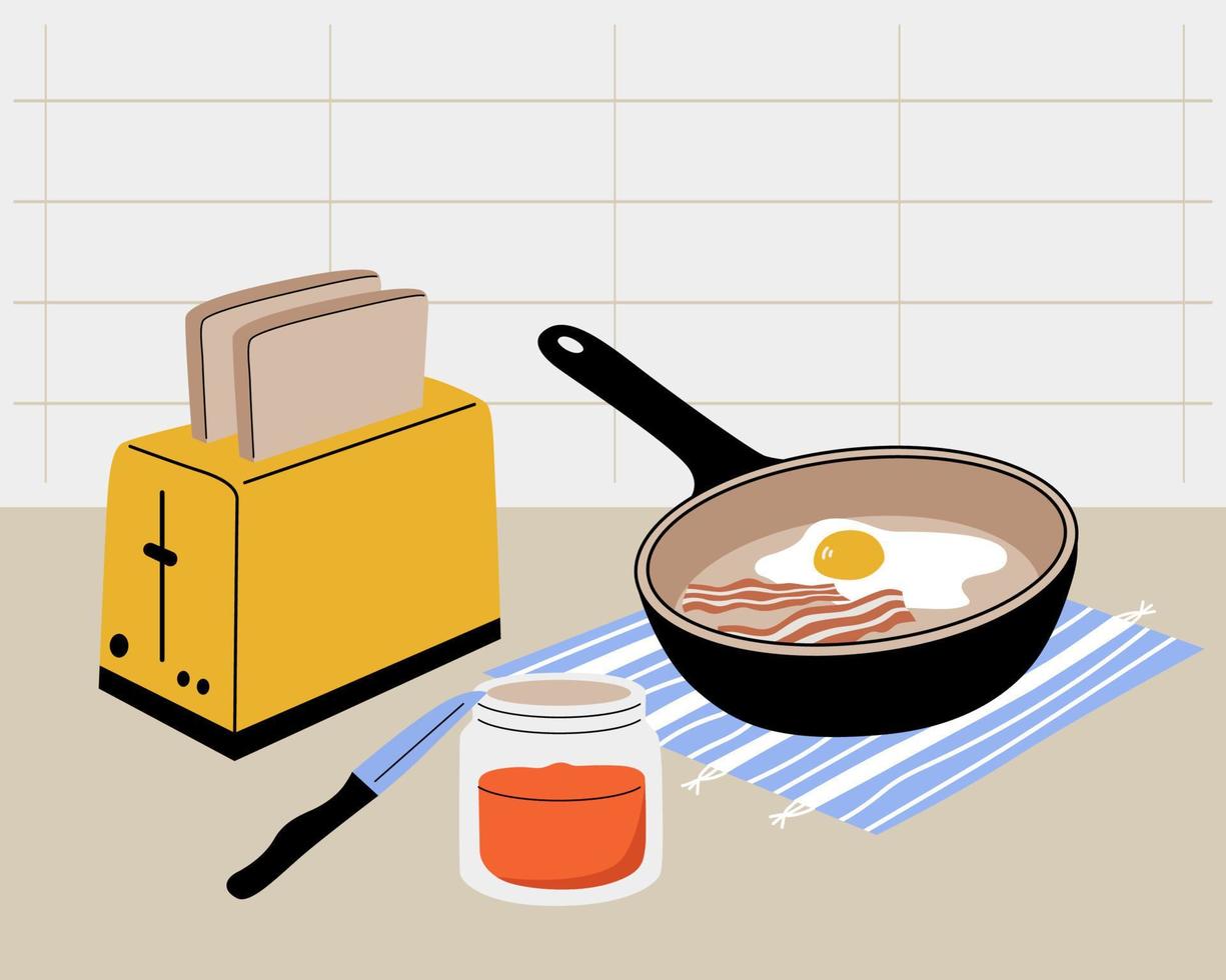 Vektor Küchengeräte. Toaster mit Brotscheiben, Marmeladenglas, Messer, Serviette und eine Bratpfanne mit Eiern und Speck. konzept des frühstücks, geschirr. Küchenposter. flache illustration der karikatur