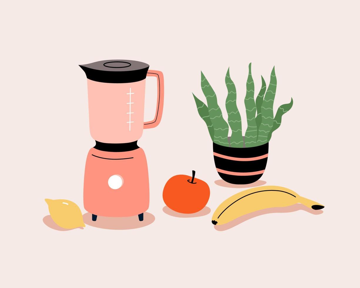 Vektormixer und Früchte für Smoothie. Küchenposter, drucken. flache illustration der karikatur vektor