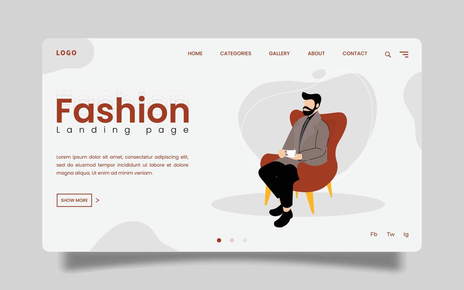 Landing Page - Illustration eines bärtigen Mannes, der mit einer warmen Tasse Kaffee im minimalistischen Stil sitzt. vektor