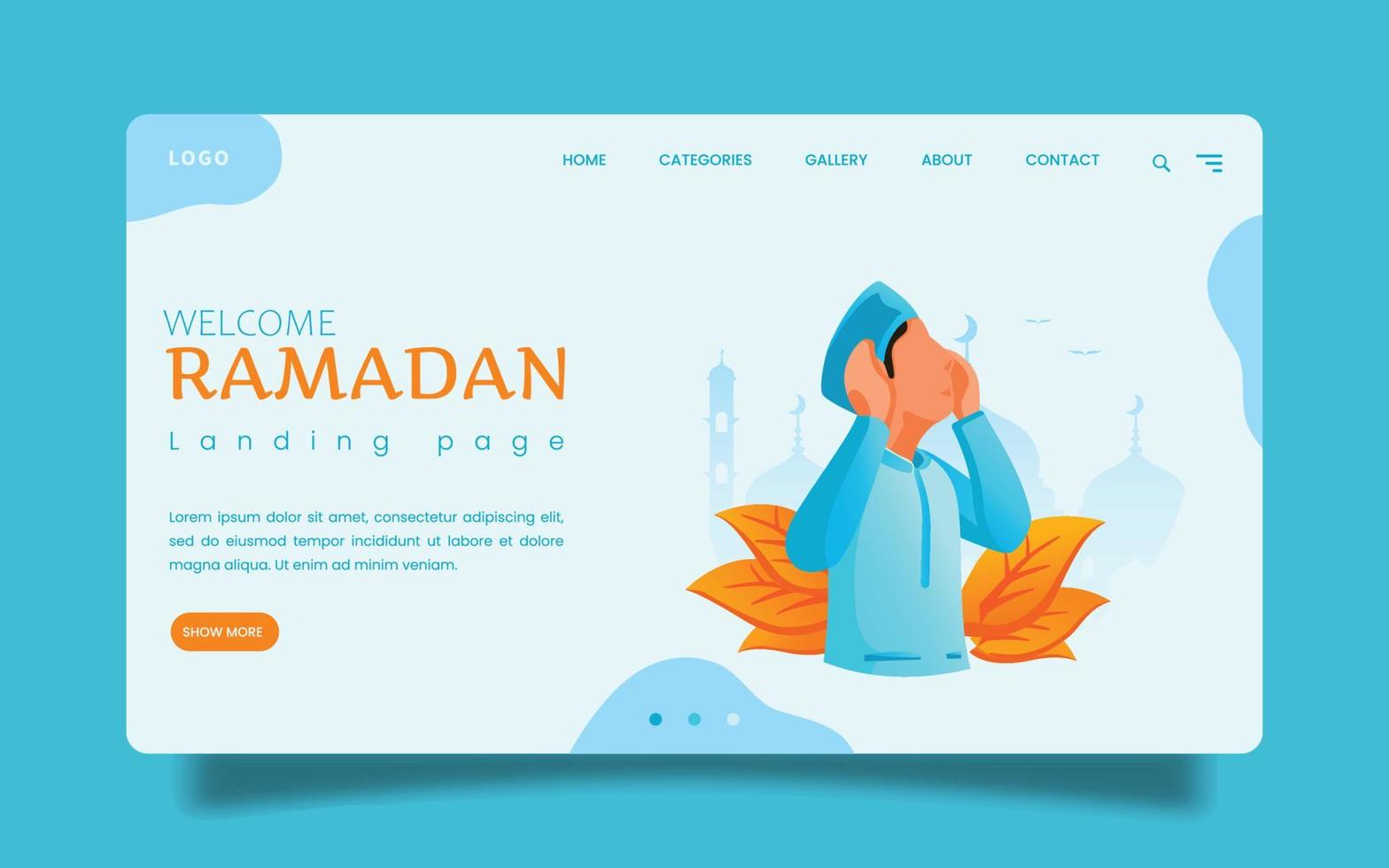 Landing Page Ein Mann macht in der Nacht Adzan, ein Aufruf an Muslime zum Gebet - Ramadan - Vektorillustration vektor