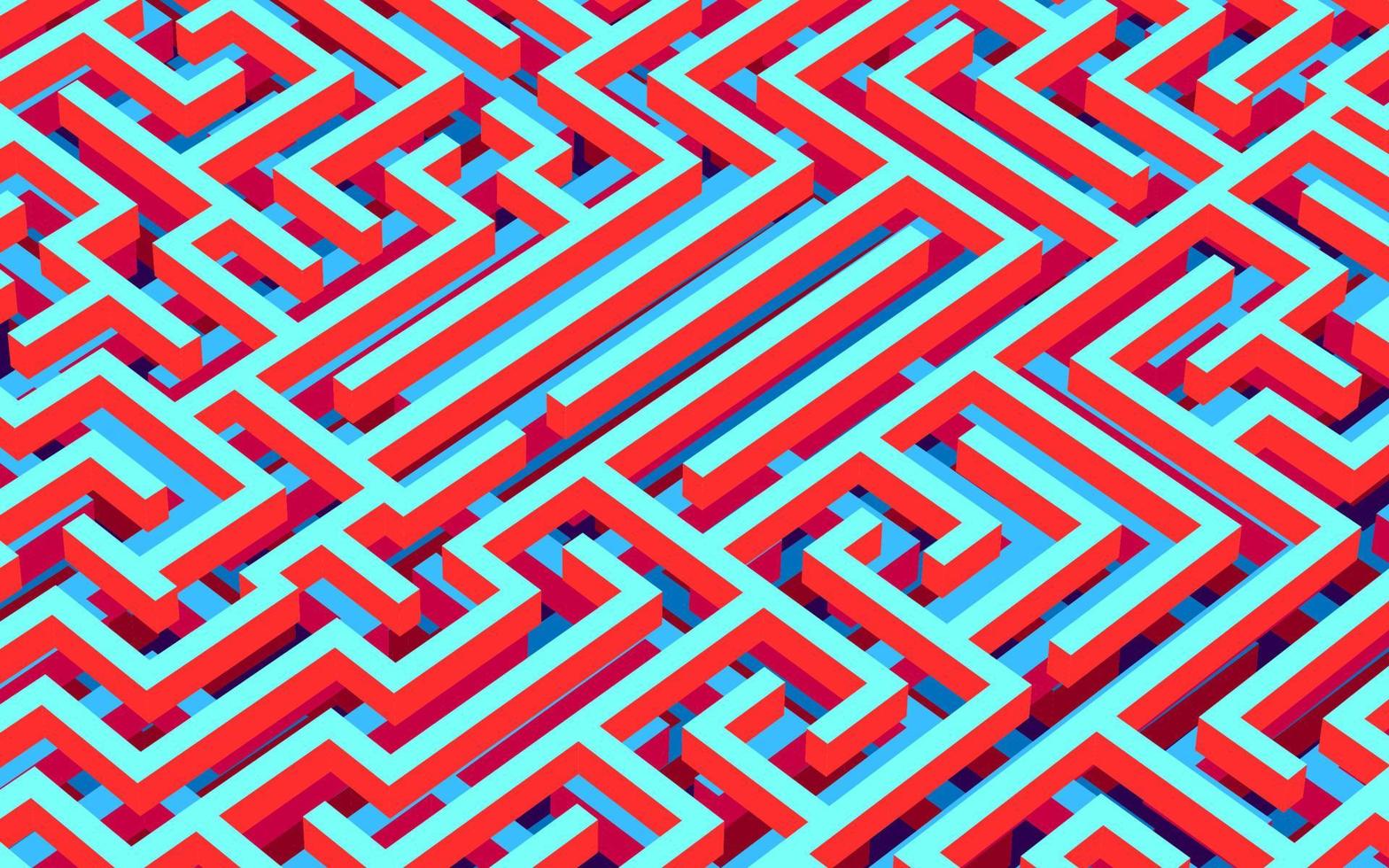 Labyrinth-Hintergrund, 3D-Rendering, isometrische Perspektive. in den Farben blau, rot, orange. buntes vektorlabyrinth, labyrinth mit kontrastfarben. abstrakter Puzzle-Hintergrund. vektor