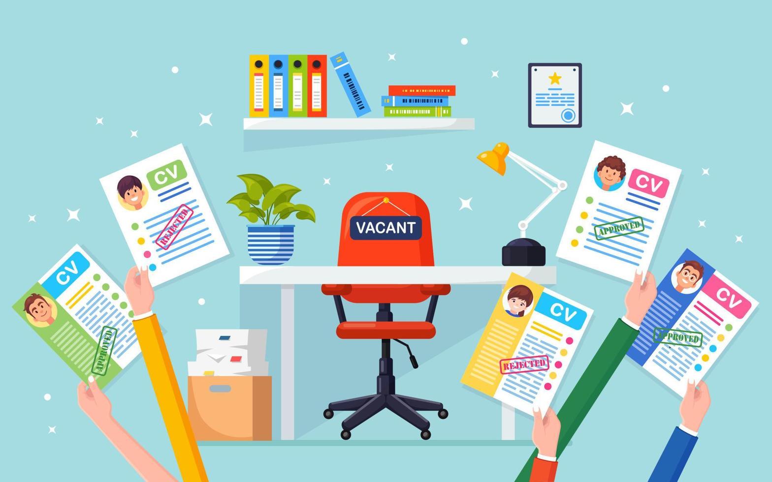 CV företags-CV i handen ovanför kontorsstolen. rekrytering, sök arbetsgivare, anställning. ledig plats vektor
