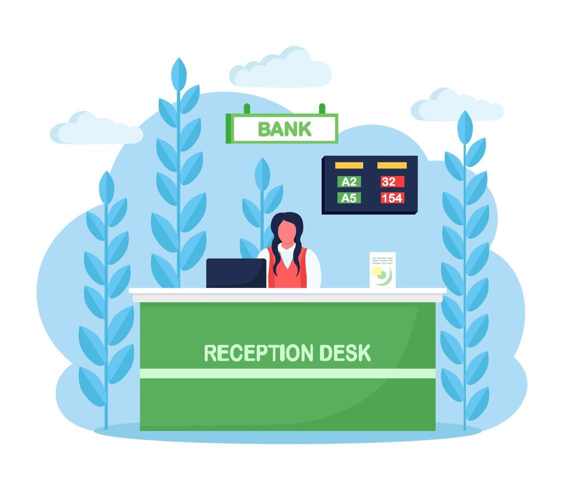 bankkontor receptionsdisk, skrivbord med anställd, chefskonsult. bankkontor interiör. finansiellt konsultcenter. vektor design