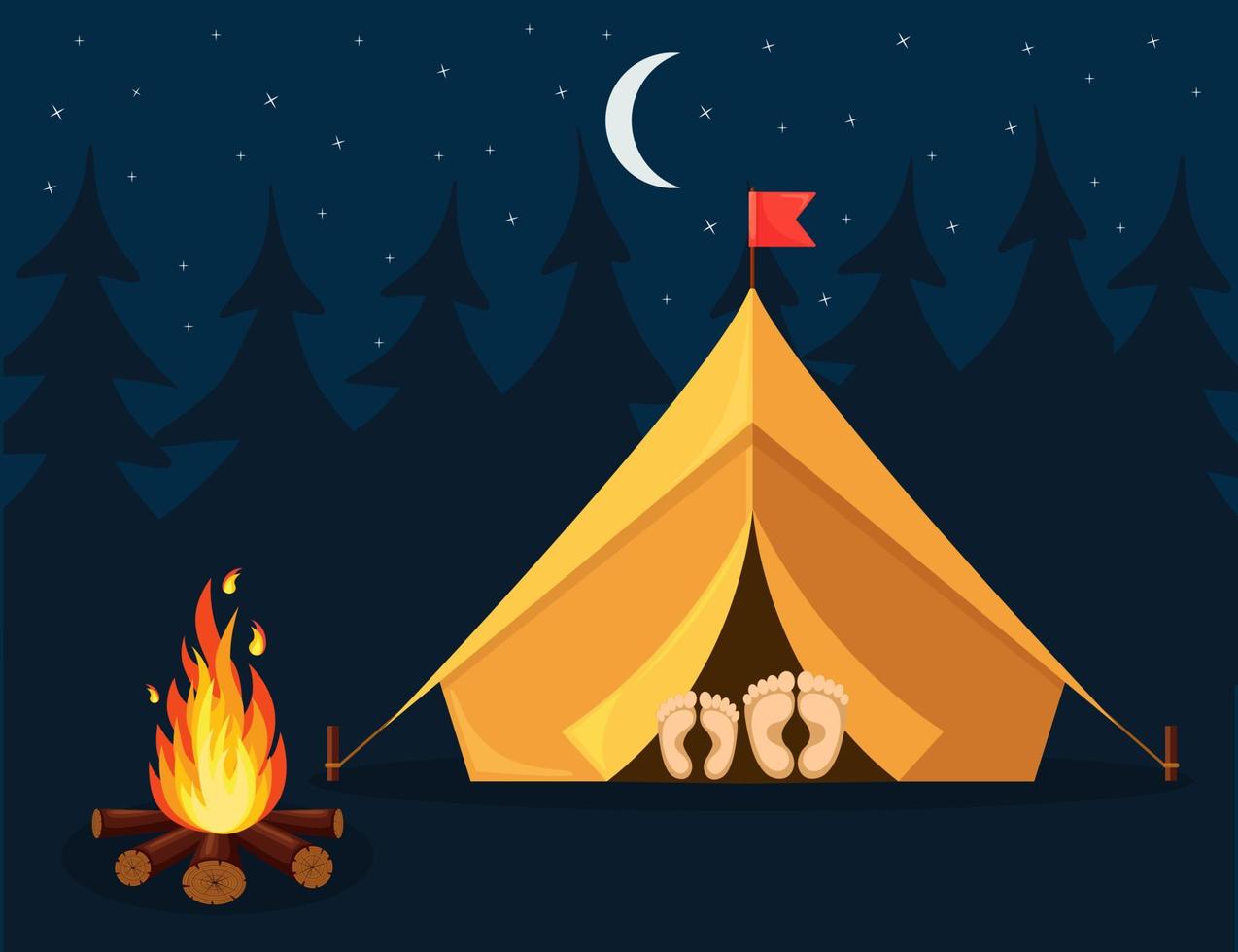 nattlandskap med tält, lägereld, skog. sommarläger, naturturism. camping eller vandring koncept. vektor design