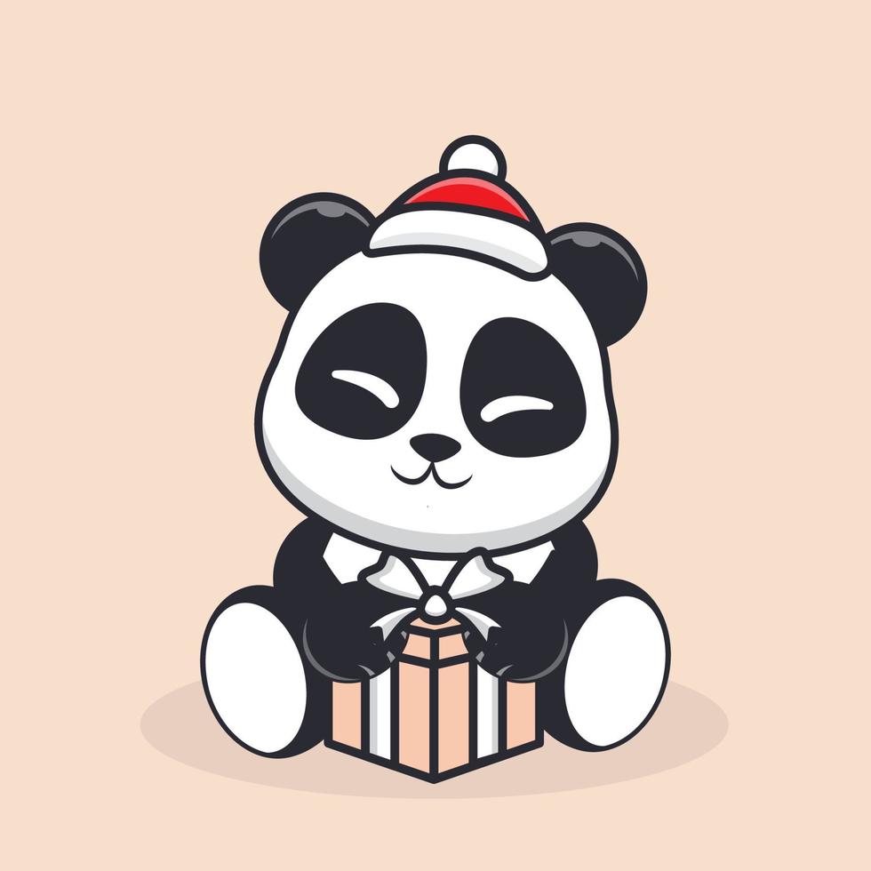karaktär panda håller present till jul vektor