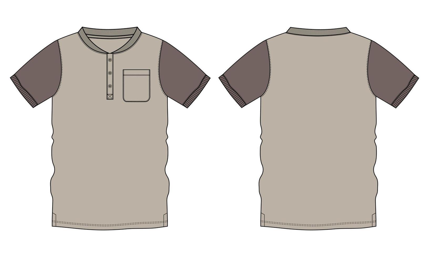 tvåfärgad khaki färg kortärmad t-shirt med ficka övergripande teknisk mode platt skiss vektor illustration mall fram- och bakvyer.