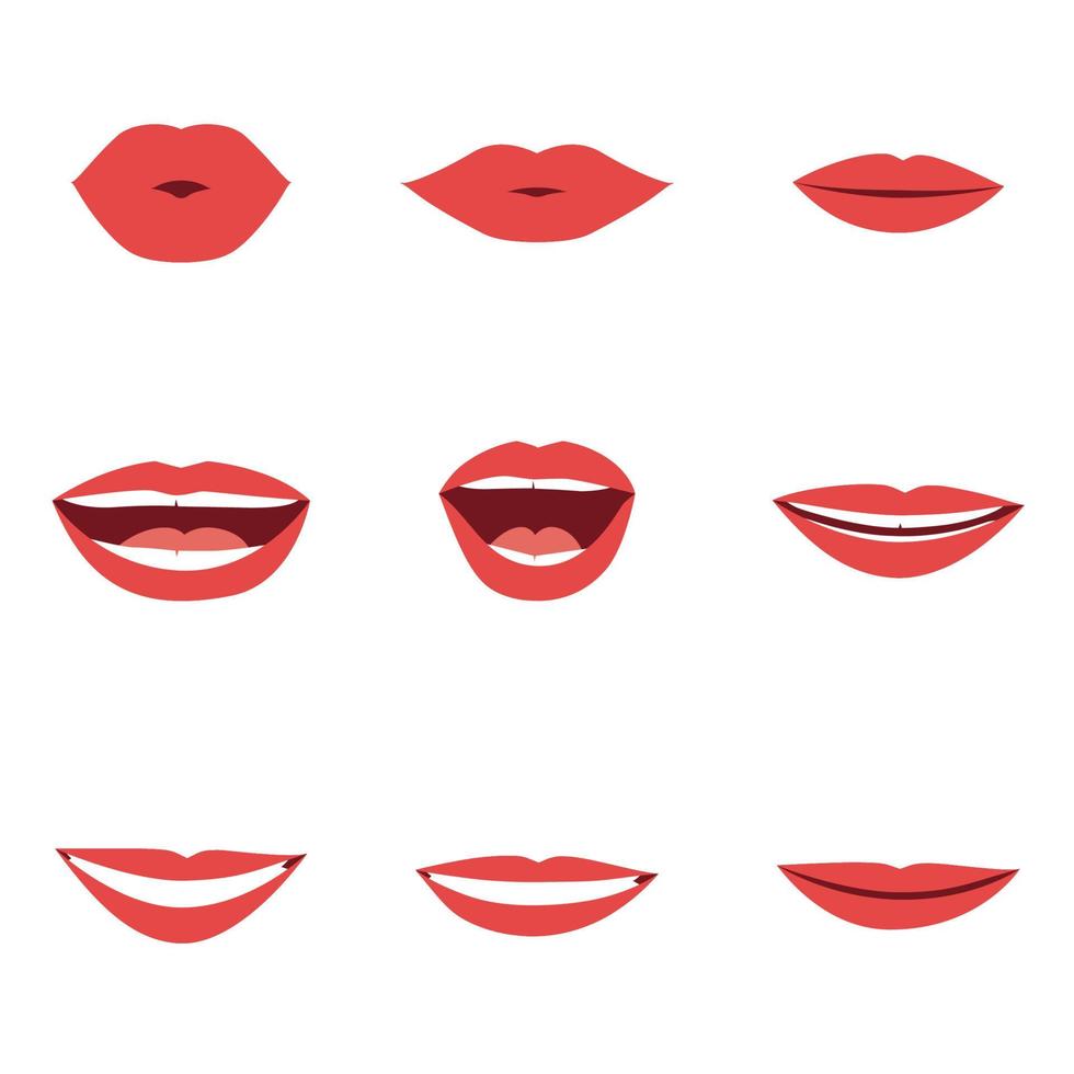 tecknad söta talande munnar läppar för seriefigur animation. olika öppna munalternativ med läppar, tunga och tänder. vektor