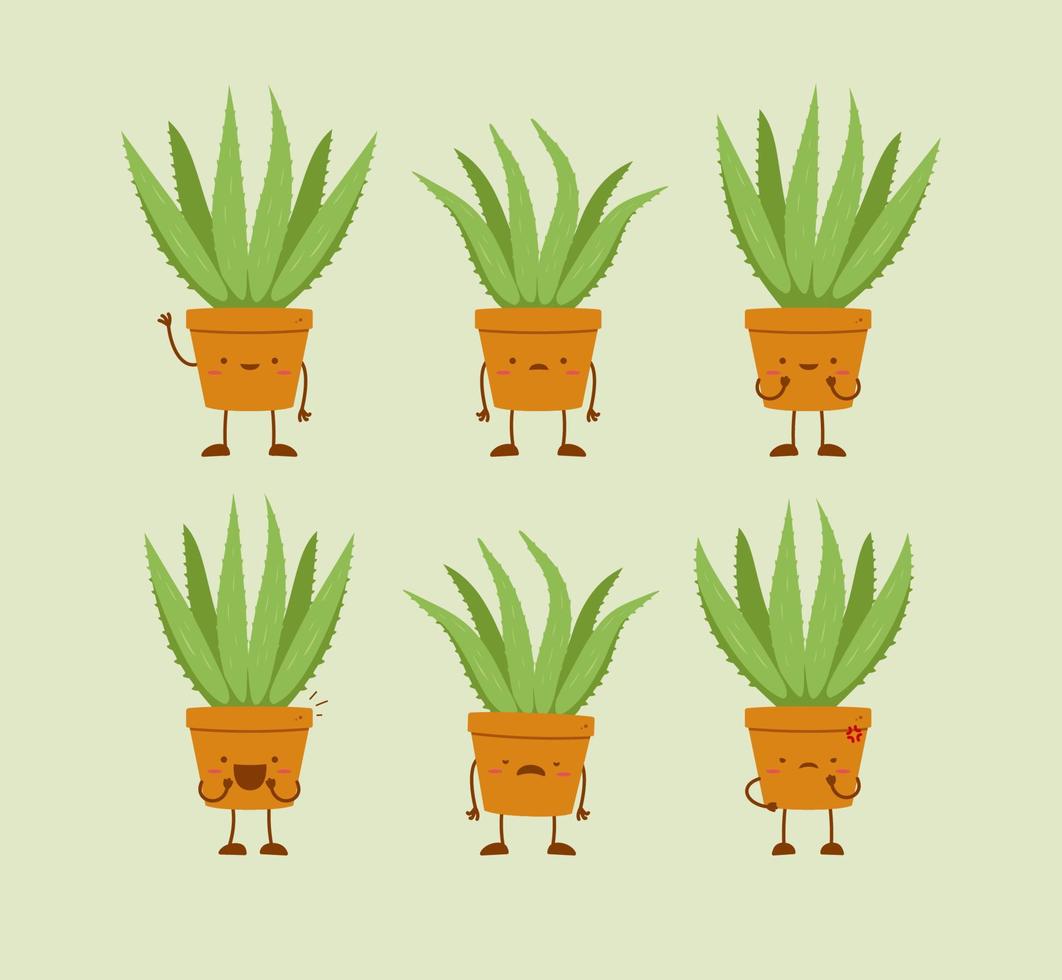 söt aloevera växt på kruka seriefigur maskot set vektorillustration vektor