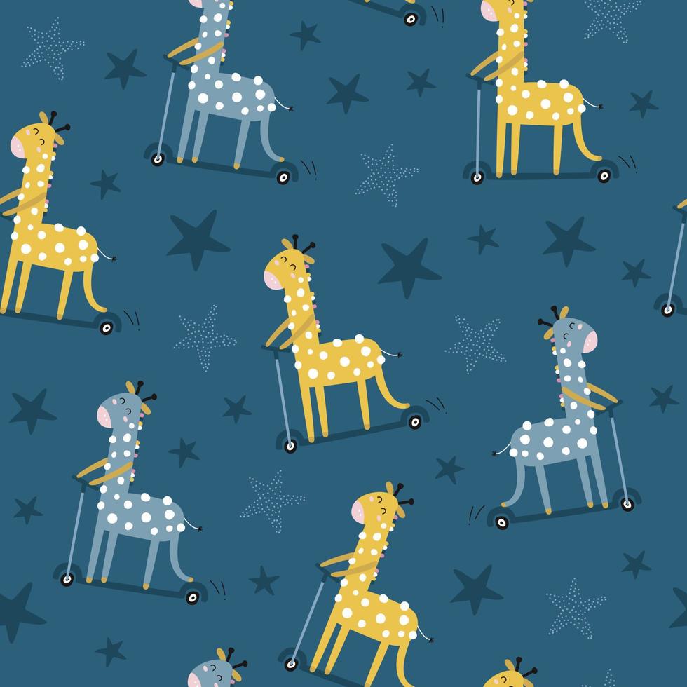 seamless mönster med söt giraff på en skoter. barntryck. vektor handritad illustration.