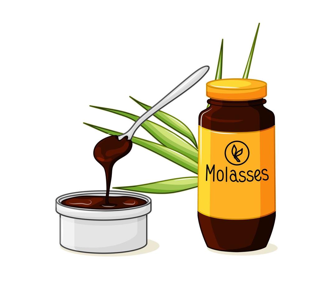 Melasse Flasche. ein Produkt aus Zuckerrohr. eine Schüssel mit einem Löffel und Sirup auf einem weißen isolierten Hintergrund. Vektor-Illustration. vektor