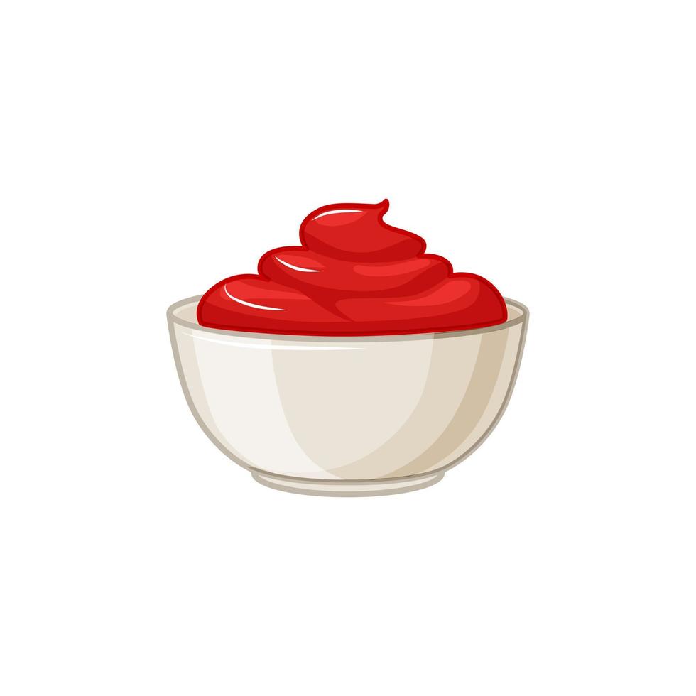 ketchup sås skål på vit isolerad bakgrund. krydda i en kastrull. tecknad vektorillustration vektor