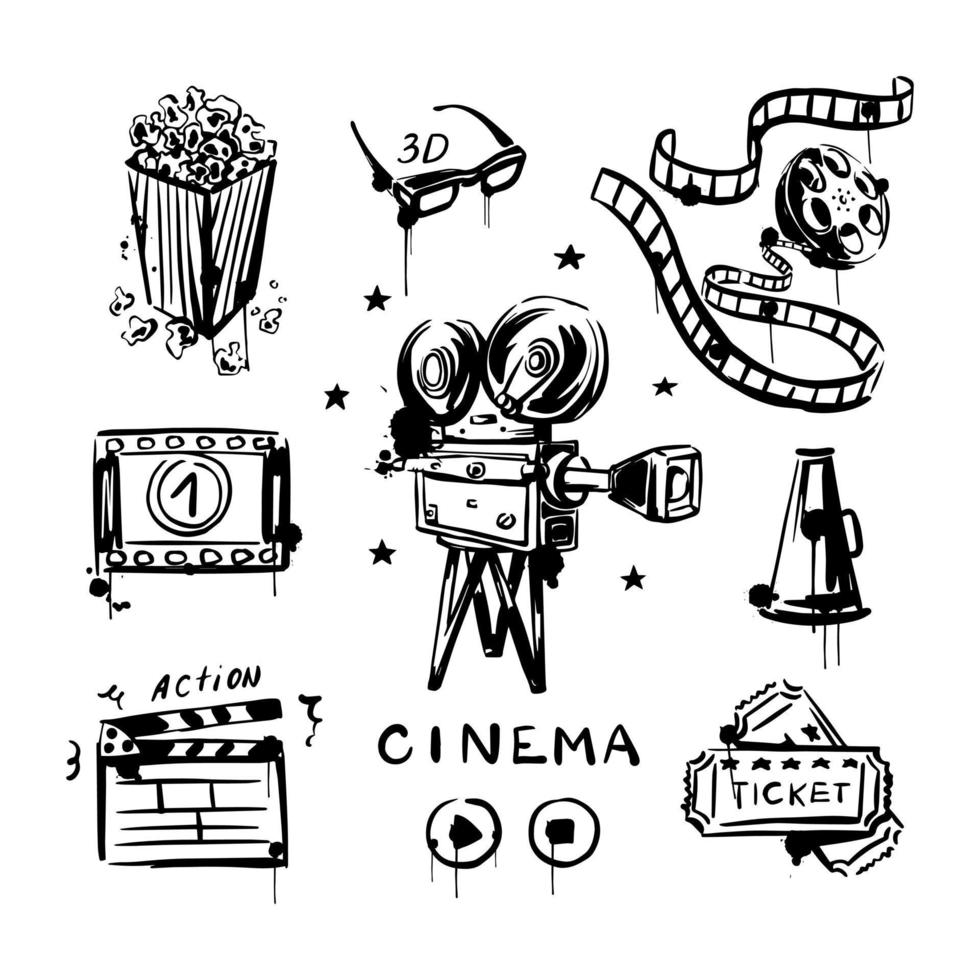 vintage set med bomullsrullar, kamera, högtalare och popcorn, biljetter isolerade på en vit bakgrund. en skiss av en vektorillustration. biograf och filmproduktion. ritad för hand. vektor