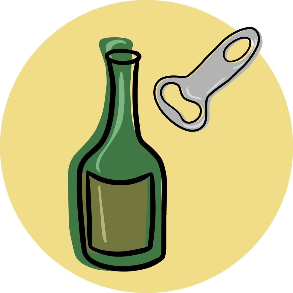 en grön flaska med en drink och en metallflasköppnare, öl och öldrycker, lemonader, ett runt kort för menyn, vektor