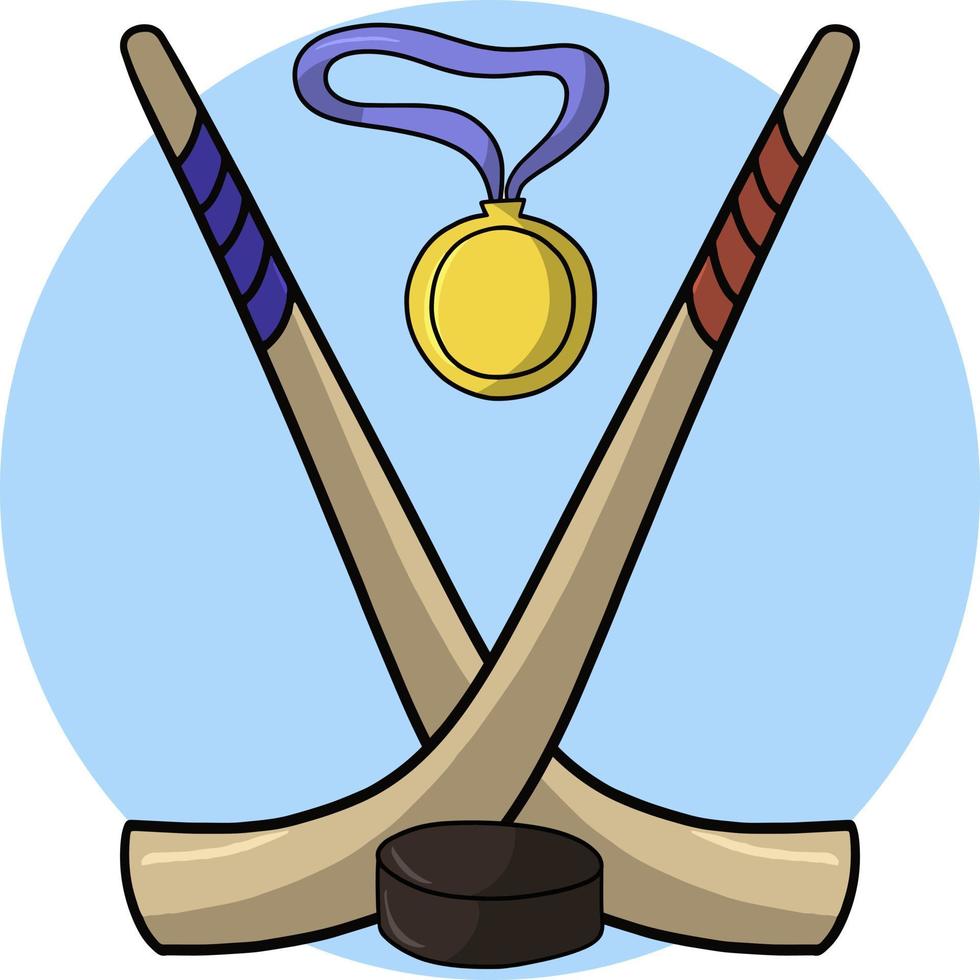 ett set med två hockeyklubbor och en puck, en guldmedalj, ett runt kort, ett emblem, en logotyp. vektor illustration.