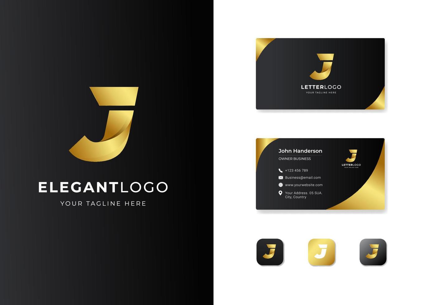 bokstaven j guld lyx gradient logotyp med visitkort design vektor