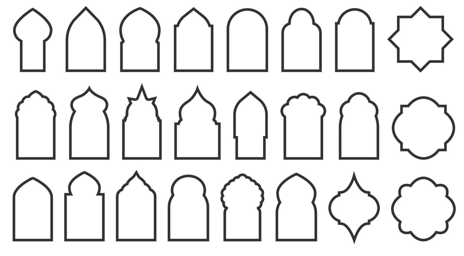 Arabische Bogenfenster und Türen. Reihe von Silhouetten islamischer Abzeichen. Elemente der traditionellen Architektur isoliert auf weißem Hintergrund. Vektor