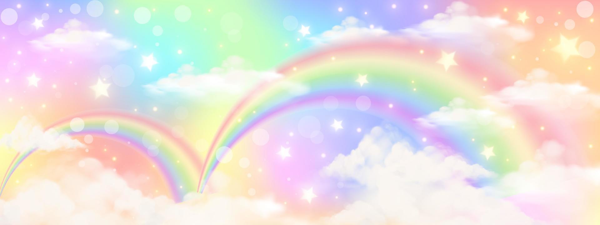 holographischer Fantasy-Regenbogen-Einhorn-Hintergrund mit Wolken. Pastellfarbener Himmel. magische Landschaft, abstraktes fabelhaftes Muster. süße Süßigkeiten Tapete. Vektor. vektor