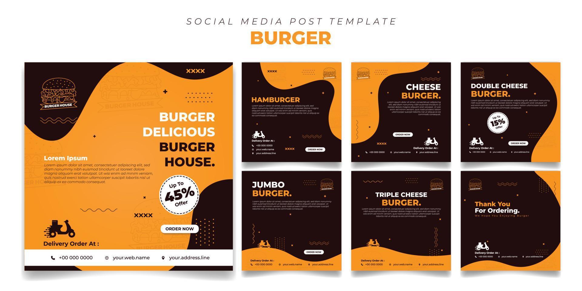uppsättning fyrkantiga inläggsmall för sociala medier med enkel vågdesign. sociala medier annonsmall med hamburgare design. vektor