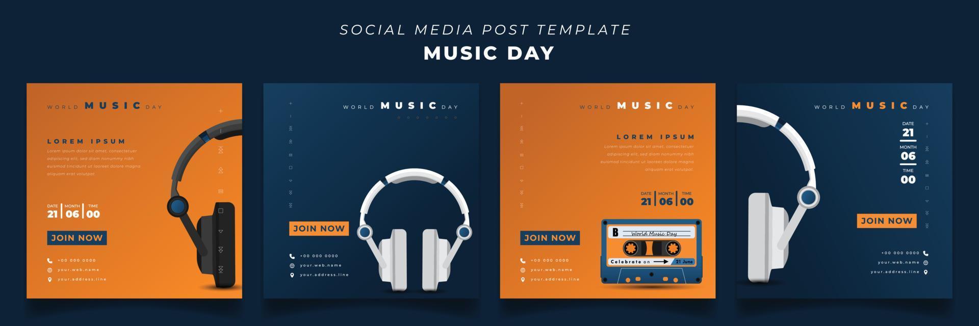 uppsättning av inläggsmall för sociala medier med headset och kassettdesign för design för världsmusikdagen vektor