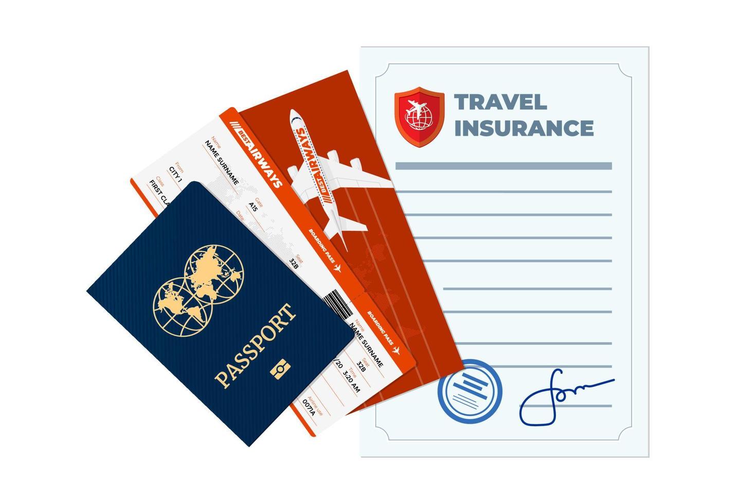 reseförsäkring reklam koncept. säker flygresa och undertecknat kontrakt skydd liv och egendom. säkerhetsresa flygplansdokument med turistpass och flygbiljett. vektor eps