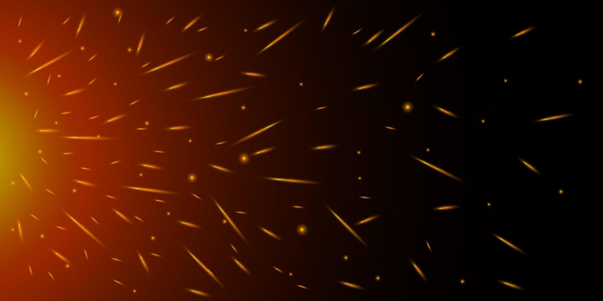 feurige Funken in der Luft über dunkler Nacht von der linken Seite. fliegende glühende Partikel aus Feuer. Flammenlichteffekt auf schwarzer Hintergrundvektor-Eps-Illustration vektor